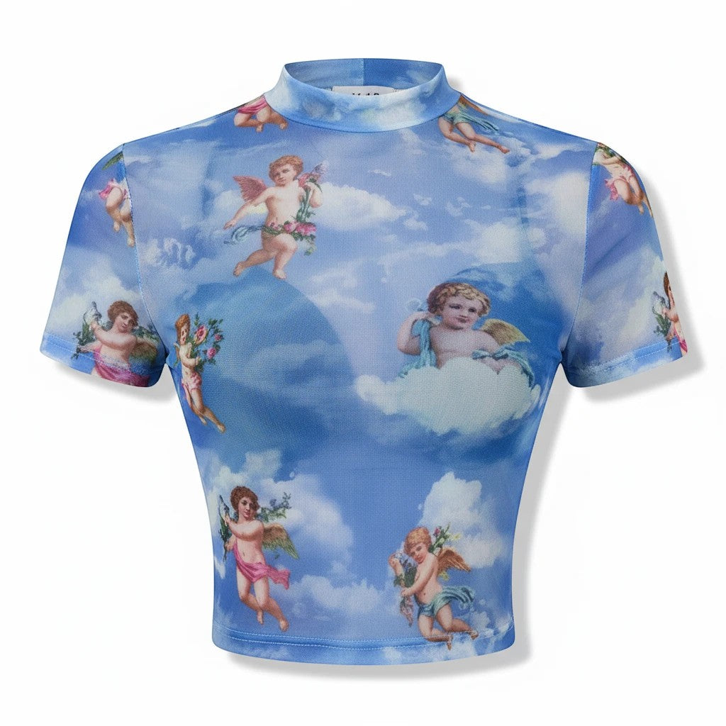 Molliwater Renaissance Angel mesh baby tee in Cherub Blue with a high mock neck and short sleeves.