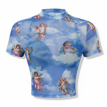 Molliwater Renaissance Angel mesh baby tee in Cherub Blue with a high mock neck and short sleeves.
