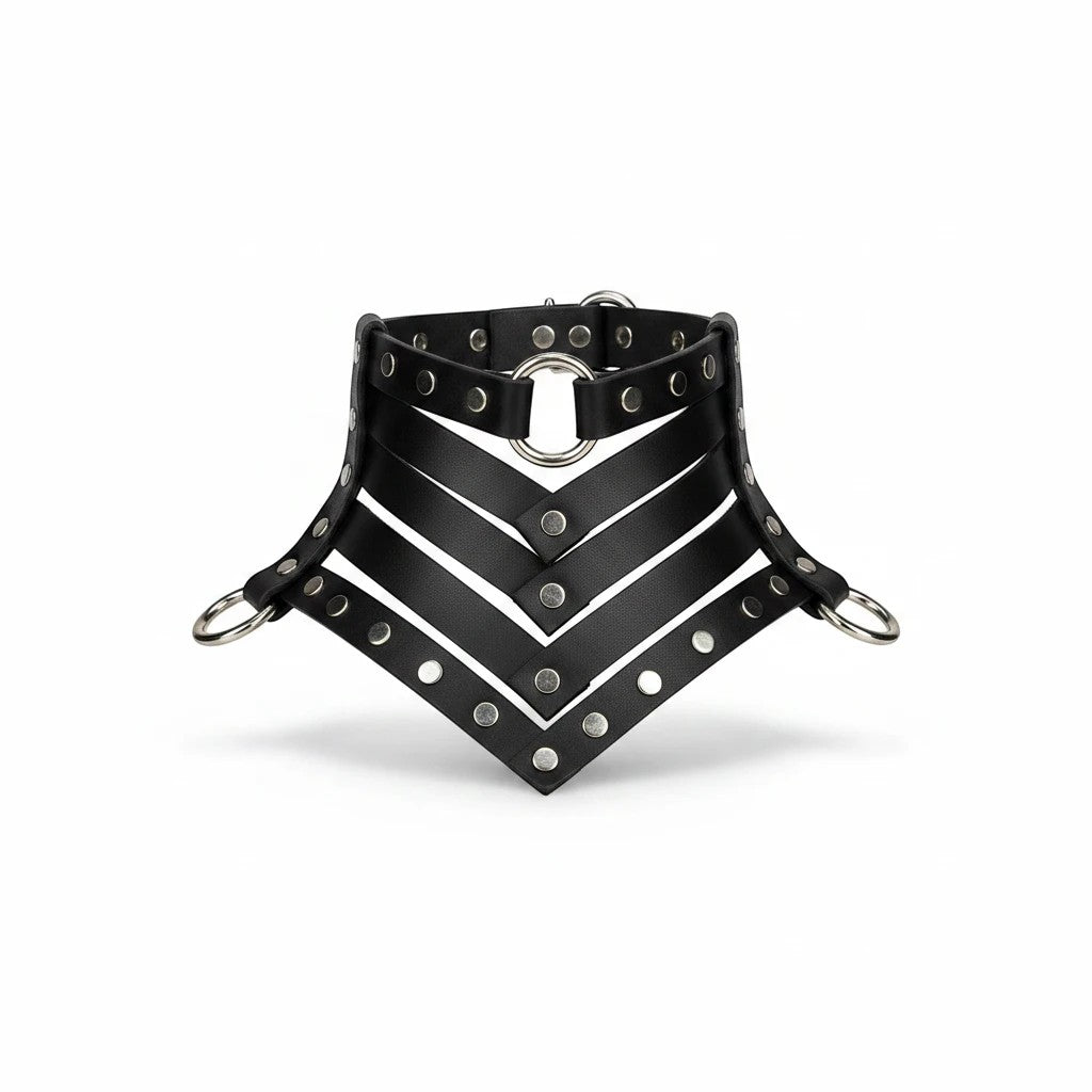 Molliwater black vegan leather corset collar featuring polished silver rivets, O-ring accents, and buckle closure.