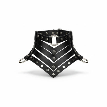Molliwater black vegan leather corset collar featuring polished silver rivets, O-ring accents, and buckle closure.