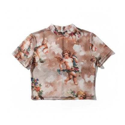 Molliwater Renaissance Angel mesh baby tee in sepia with a high mock neck and short sleeves.