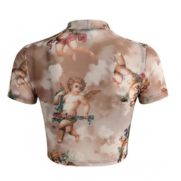 Molliwater Renaissance Angel mesh top in sepia with a high mock neck and short sleeves, back view.