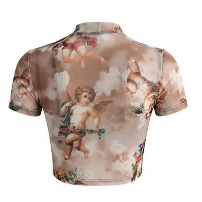 Molliwater Renaissance Angel mesh top in sepia with a high mock neck and short sleeves, back view.