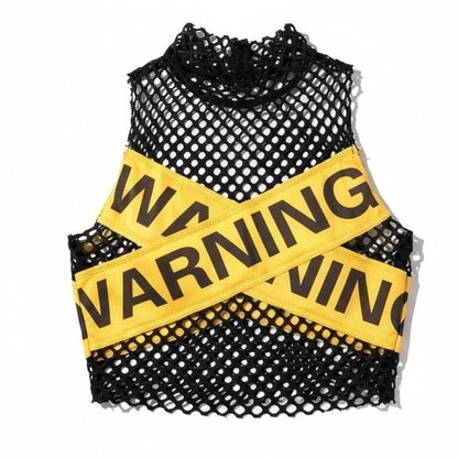 Warning Mesh Crop - Sheer Goth Graphic Top