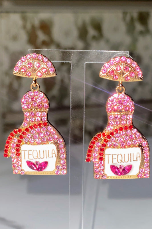 Pink Rhinestone Tequila Bottle Dangle Earrings